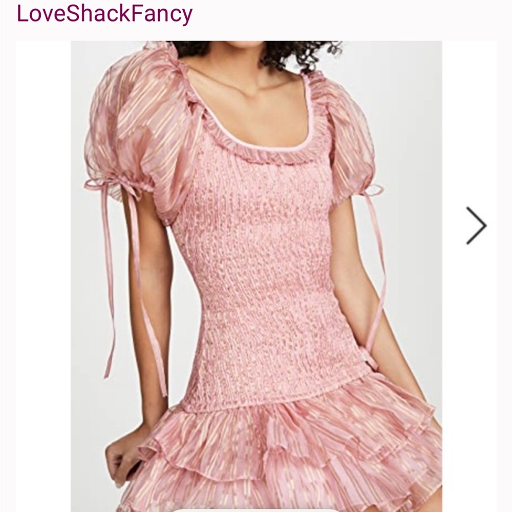 LoveShackFancy Gilded Pink Violet Shirred Silk Dress